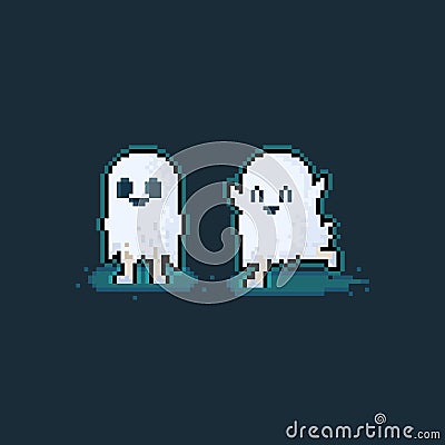 Pixel art cartoon cute little ghost character. Vector Illustration