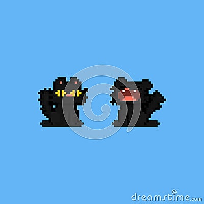 Pixel art cartoon sleepy black cat character. Vector Illustration