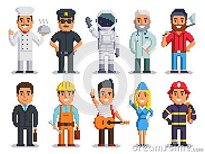Pixel art characters professions people isolated set Vector Illustration
