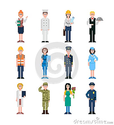 Pixel art characters set, professions pixel people Vector Illustration