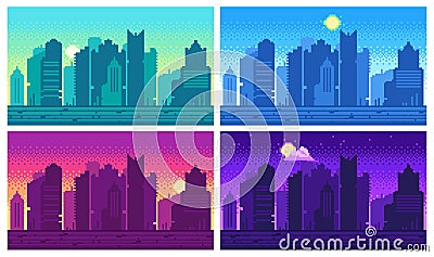 Pixel art cityscape. Town street 8 bit city landscape, night and daytime urban arcade game location Vector Illustration