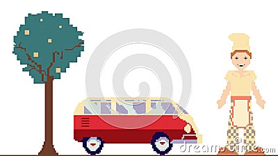 Pixel art clipart with car, tree and man Vector Illustration