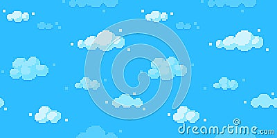 Pixel art clouds background. Seamless sky texture backdrop Vector Illustration