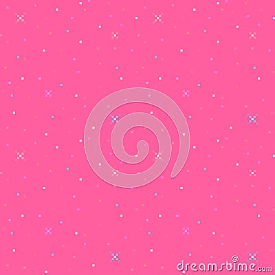 Pixel art cute feminine seamless pattern. Shining sparkles on a pink background Vector Illustration