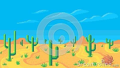 Pixel art desert at day. Vector Illustration