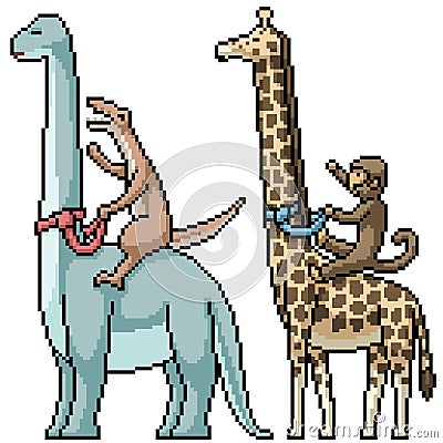 Pixel art dinosaur giraffe riding Vector Illustration