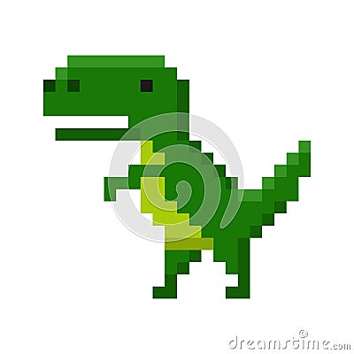 Pixel art of dinosaur icon isolated on white background. Big cheerful prehistoric green tyrannosaurus. Character game Vector Illustration