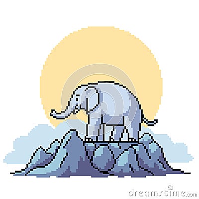 pixel art elephant on mountain Vector Illustration