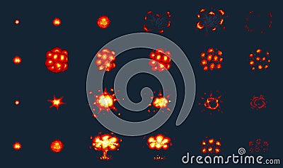 Pixel art explosions. game icons set. Comic boom flame effects for emotion. 8-Bit Vector. Bang burst explode flash Vector Illustration