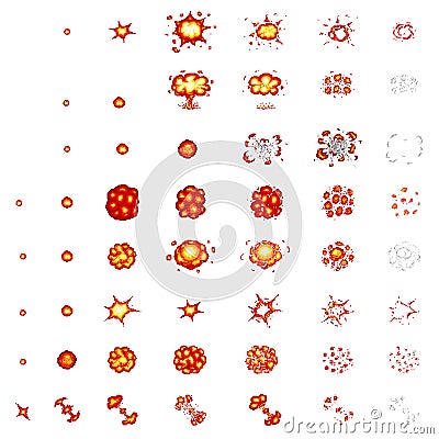 Pixel art explosions. game icons set. Comic boom flame effects for emotion. 8-Bit Vector. Bang burst explode flash Vector Illustration