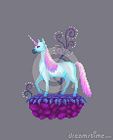 Pixel art fairy unicorn on the stone stand. Vector Illustration