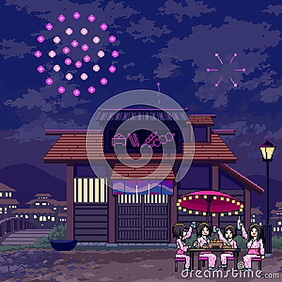 pixel art fireworks night sky Vector Illustration