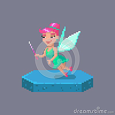 Pixel art flying fairy character. Fairytale personage Vector Illustration