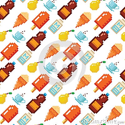 Pixel art food computer design seamless pattern background vector illustration restaurant pixelated element fast food Vector Illustration