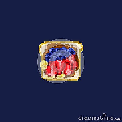 Pixel art food. Toast with chocolate, raspberry, banana and blueberry. Vector Illustration