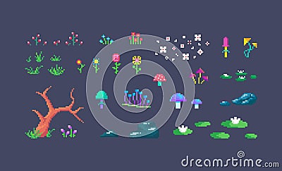 Pixel art forest plants. Environment objects for design Vector Illustration
