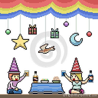 Pixel art fun couple party Vector Illustration