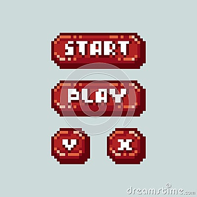 Pixel art game interface red UI buttons and symbols vector set, start, play, yes Y and no X confirmation menu items Vector Illustration