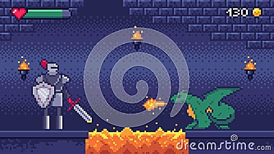 Pixel art game level. Hero warrior fights 8 bit dragon, pixels video games levels scene landscape and retro gaming Vector Illustration
