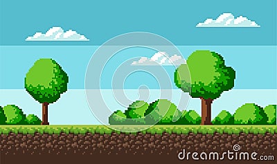 Pixel art game scene with ground, grass, trees, sky, clouds, character, coins, treasure chests and 8-bit. Landscape Vector Illustration