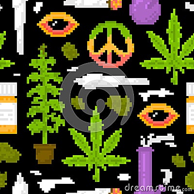 Pixel art game style medical marijuana objects weed seamless vector pattern black Vector Illustration