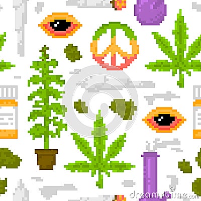 Pixel art game style medical marijuana objects weed seamless vector pattern white Vector Illustration