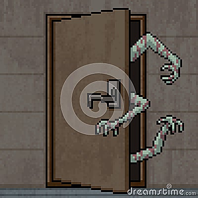 Pixel art ghost hand open door Vector Illustration