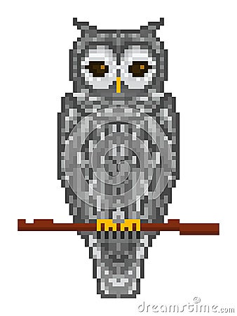 Pixel art gray forest horned owl sitting on a branch Vector Illustration