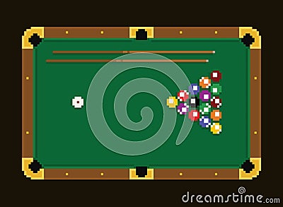 Pixel art green billiard table with colorful balls on a white background Vector Illustration