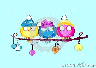 Pixel art illustration. Happy New Year. Colorful birds. Birds on a branch. Christmas decorations. Vector illustration Cartoon Illustration