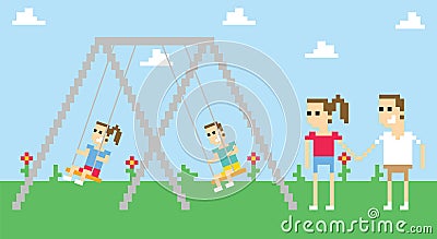 Pixel Art Image Of Family Playing On Swings In Park Vector Illustration