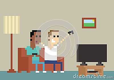 Pixel Art Image Of Gamers Playing Together At Home Vector Illustration