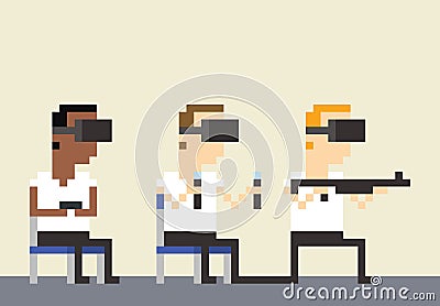 Pixel Art Image Of Gamers Wearing VR Headsets Vector Illustration