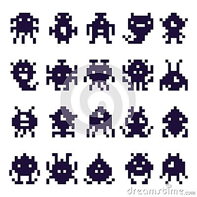 Pixel art invaders silhouette. Space invader monster game, pixels robots and retro arcade games isolated vector icons Vector Illustration