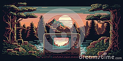 Pixel art jungle journey with retro gaming console Stock Photo