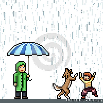 Pixel art kid enjoy rain Vector Illustration