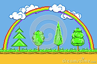 Pixel art landscape, background game platformer with rainbow, trees and clouds vector Vector Illustration