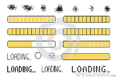 Pixel art loading bar interface. 8 bit game progress button elements set and Vector Illustration