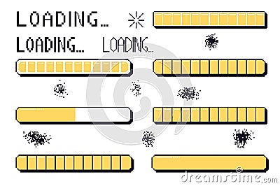 Pixel art loading bar interface. 8 bit game progress button elements set and Vector Illustration