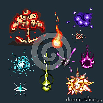 Pixel art of magical explosions and effects set Vector Illustration