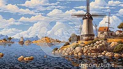 Pixel Art Of Majestic Windmill In Karst Landscape Stock Photo