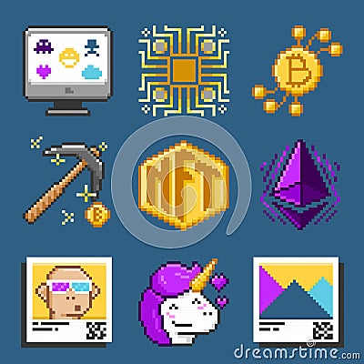 Pixel art NFT cryptocurrency bitcoin token vector illustration icons set. Vector Illustration