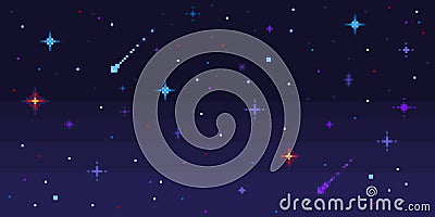 Pixel art night sky. Starry space with shooting stars, 8 bit pixelated video game galaxy seamless vector background Vector Illustration