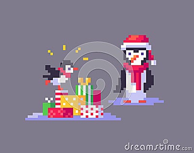 Pixel art penguins are enjoying the Christmas holidays Vector Illustration