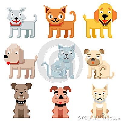 Pixel art pets icons. 8 bit dogs and cats vector Vector Illustration