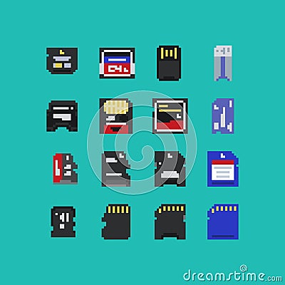 Pixel art phone and photo memory card vector 8 bit icon set on light blue background. Video game 8-bit sprite. Vector Illustration