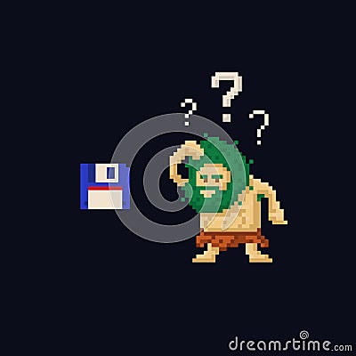 Pixel art primitive ancient cave man confused looking at floppy diskette. Vector illustration character. Game asset 8 Vector Illustration