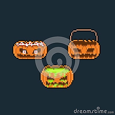 Pixel art pumkin head monster icon set. Vector Illustration