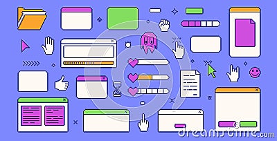 Pixel art retro windows interface. 8 bit browser and popup elements with Vector Illustration