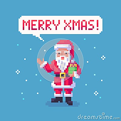 Pixel art Santa Claus hold the gift and says Merry Christmas Vector Illustration